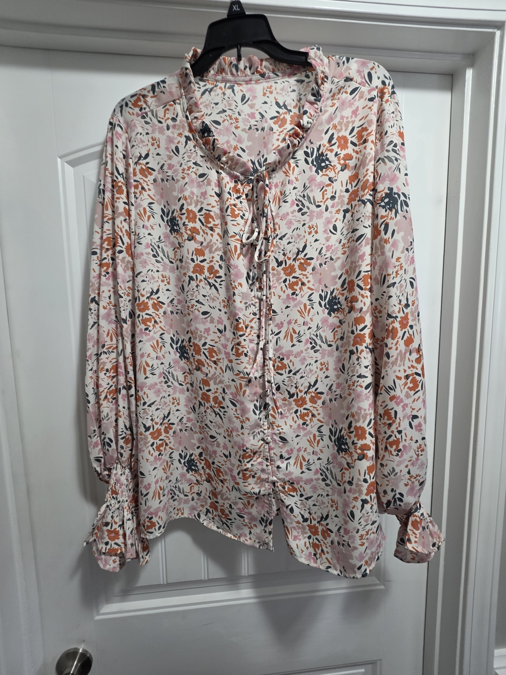 Women's Pink Floral Tie-Neck Blouse